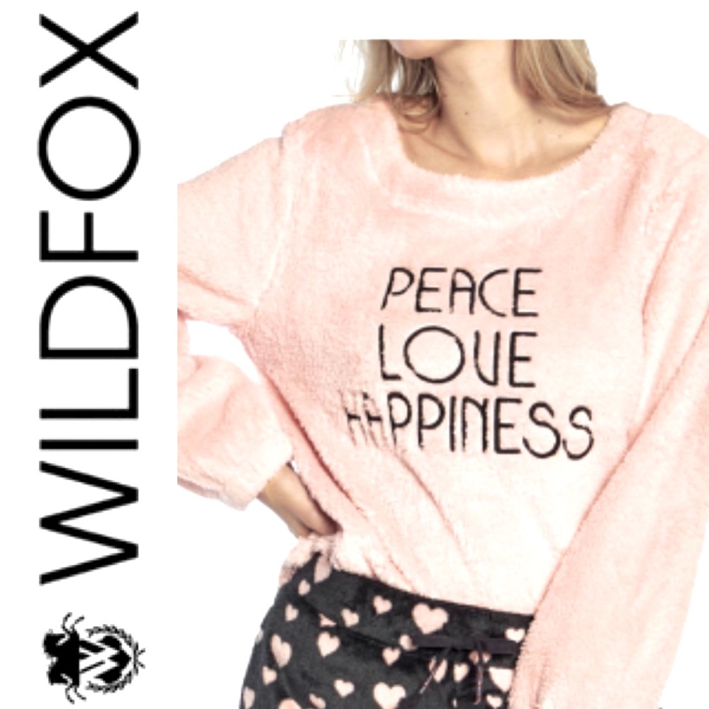 WILDFOX Peace Love Happiness pink plush cozy warm sweatshirt NWT